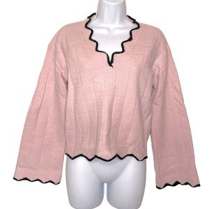 MYSTREE Women’s Pink Scallop Edge Bell Sleeve Sweater Size Medium